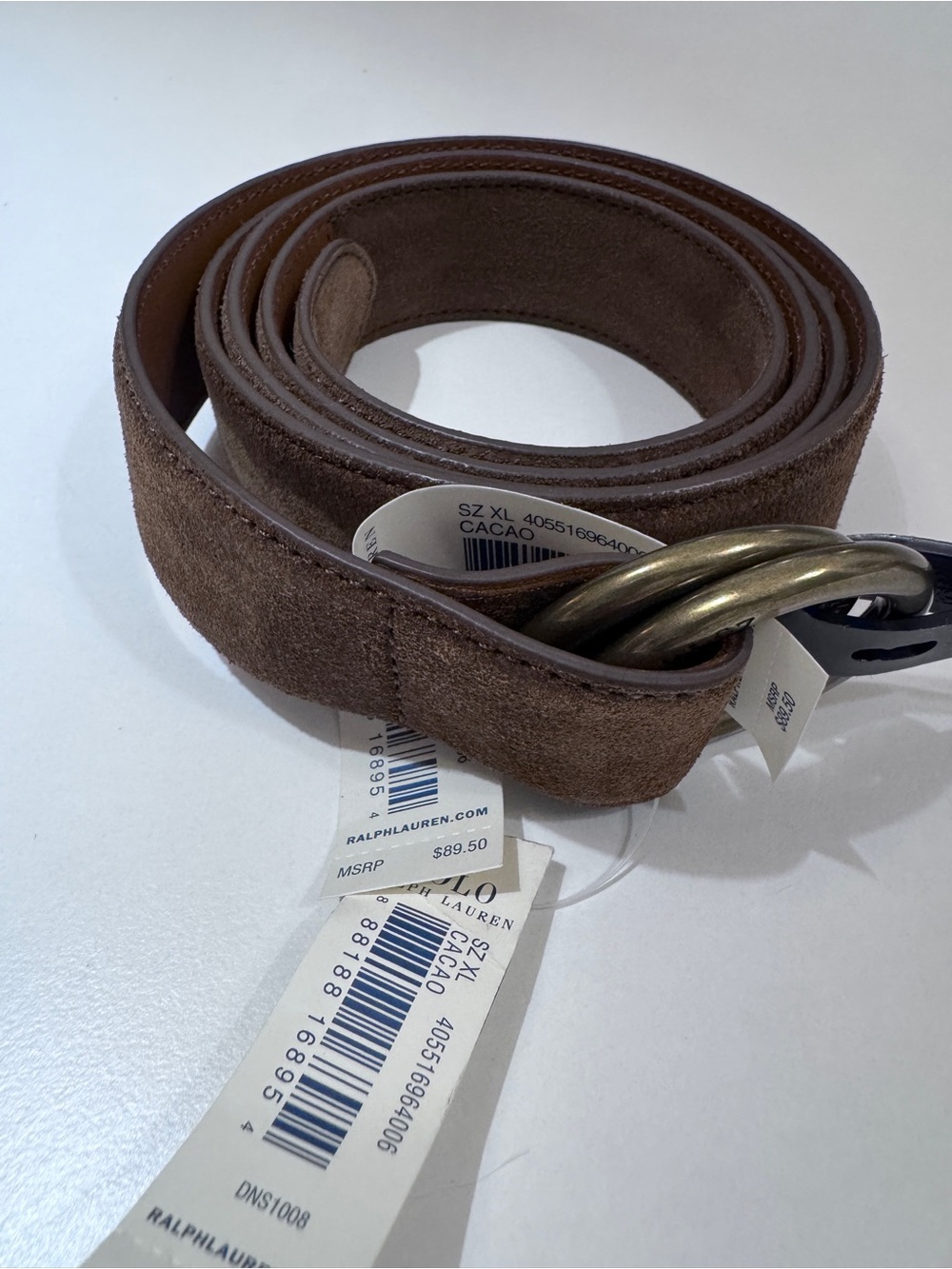 Polo Ralph Lauren Brown Suede Belt.  Mens XL w/ adjustable 0-ring closure. NWT.